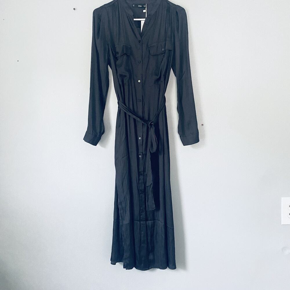 Mango Dominic Satin Shirt Dress Small 6 Black Midi Button Up Tie Waist NEW